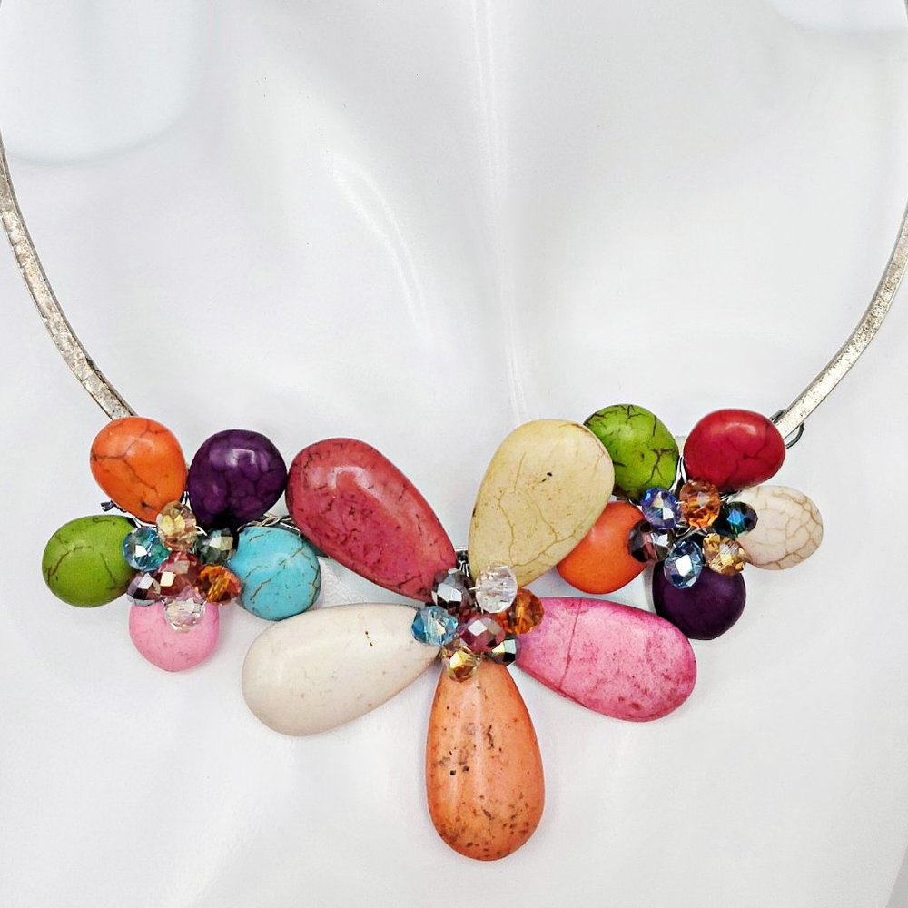 Vintage Multi Color Turquoise & Crystal Flower Slider on Hammered Silver Choker